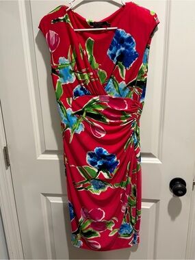 Ralph Lauren Pink-Red Floral Faux-Wrap Midi Dress